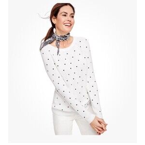 Talbots White Black Polka Dot Crewneck Pima Cotton Sweater Medium Preppy Classic